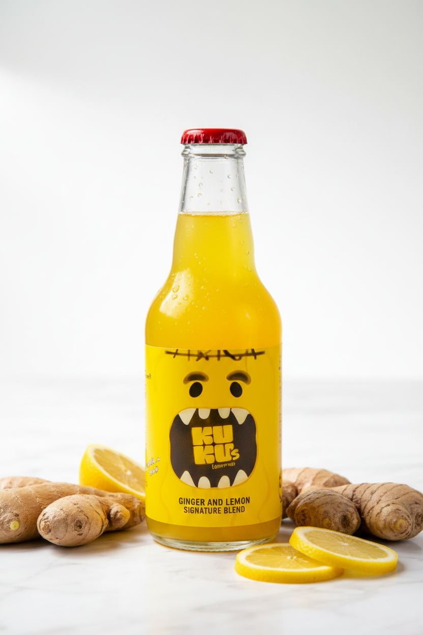 KuKu's Ginger & Lemon Kombucha Full Bottle